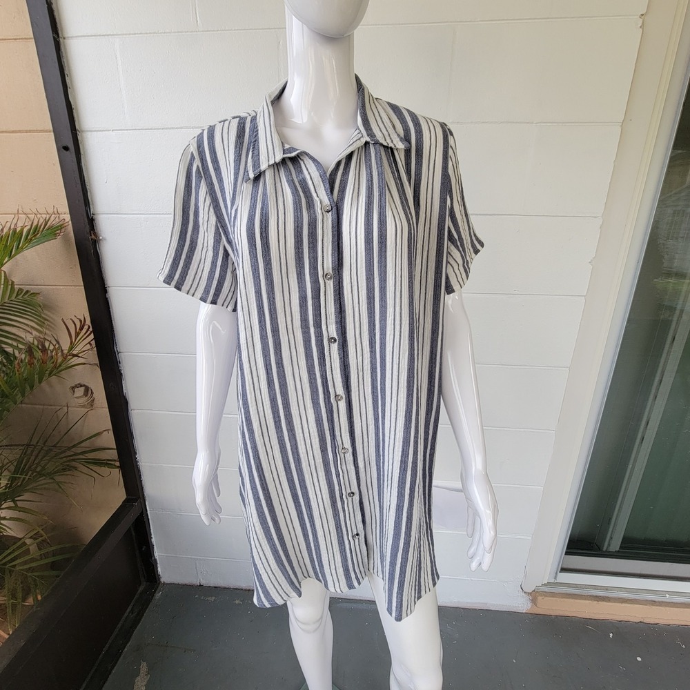 Olivaceous Shirt Dress Women's M White Grey Striped Coastal Nautical Resortwear